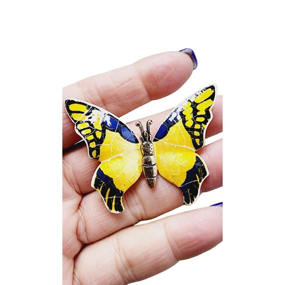 Vintage W Germany Yellow Crackled Enamel Butterfly Brooch (A2894) - Picture 2 of 4